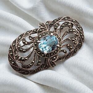 Art Deco Sterling Silver Marcasite Sky Blue Topaz Oval Filigree Brooch c 1920s